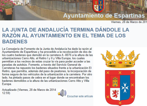 Información oficial del Ayuntamiento de Espartinas sobre la retirada de badenes en la A-8076. Imagen: ACEspartinas