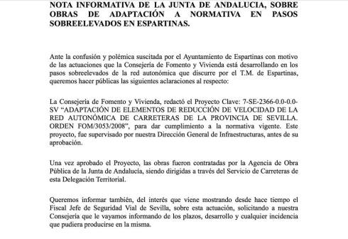 Comunicado de la Junta de Andalucía sobre la retirada y colocación de badenes en Espartinas (1) Imagen: Mensaje anónimo recibido por Espartinas a Debate el 28/3/14.