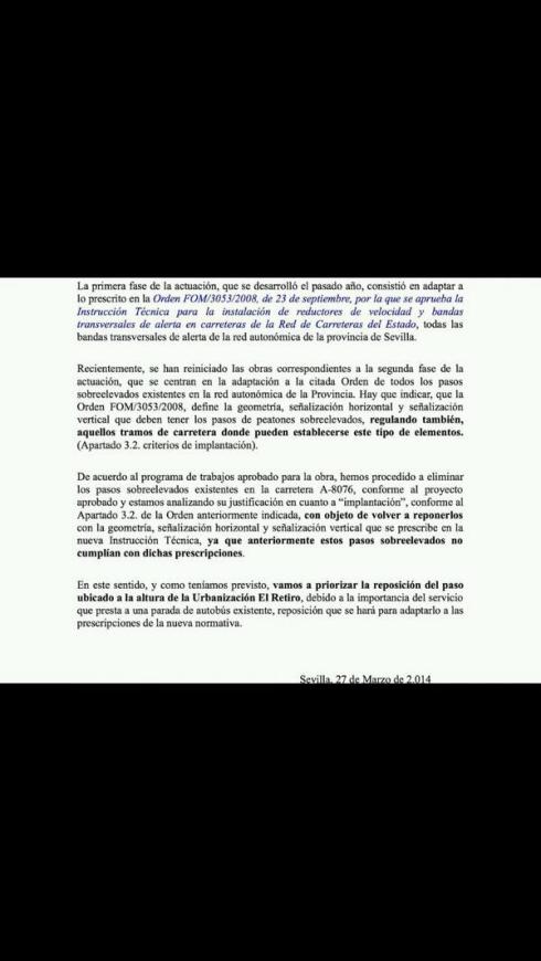 Comunicado de la Junta de Andalucía sobre la retirada y colocación de badenes en Espartinas. Imagen: Mensaje anónimo recibido por Espartinas a Debate el 28/3/14.